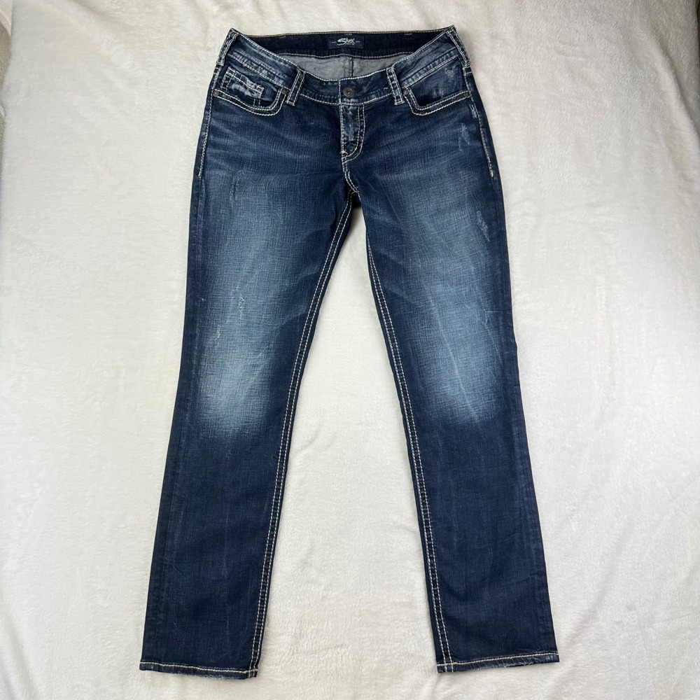 Silver Jeans Womens Denim Suki Mid Straight 12/L32 Blue Contrast Stitch Cotton